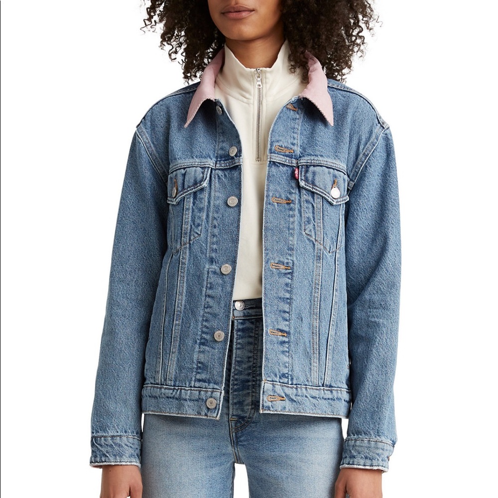 Levi’s Denim Trucker Jacket Pink Corduroy Collar Oversized Size M NWT - Picture 1 of 9